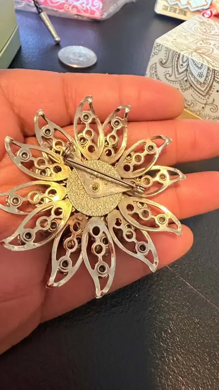 Vintage Mid-Century Floral Brooch W/ Faux Pearls & Aurora Borealis Rhinestones